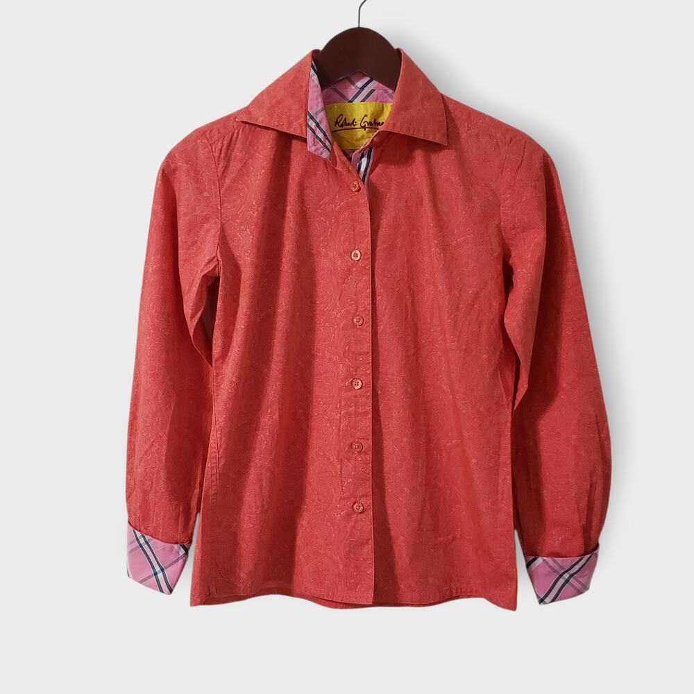 Robert Graham Womens Coral Pink‎ Paisley Button Up Shirt Sz 4 Vibrant Colorful